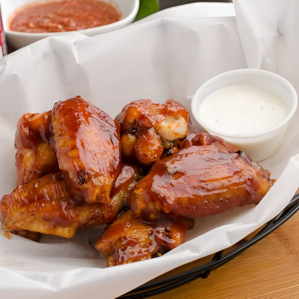 East Hill Pizza's BBQ chicken wings in a basket with ranch and marinara dipping sauces.